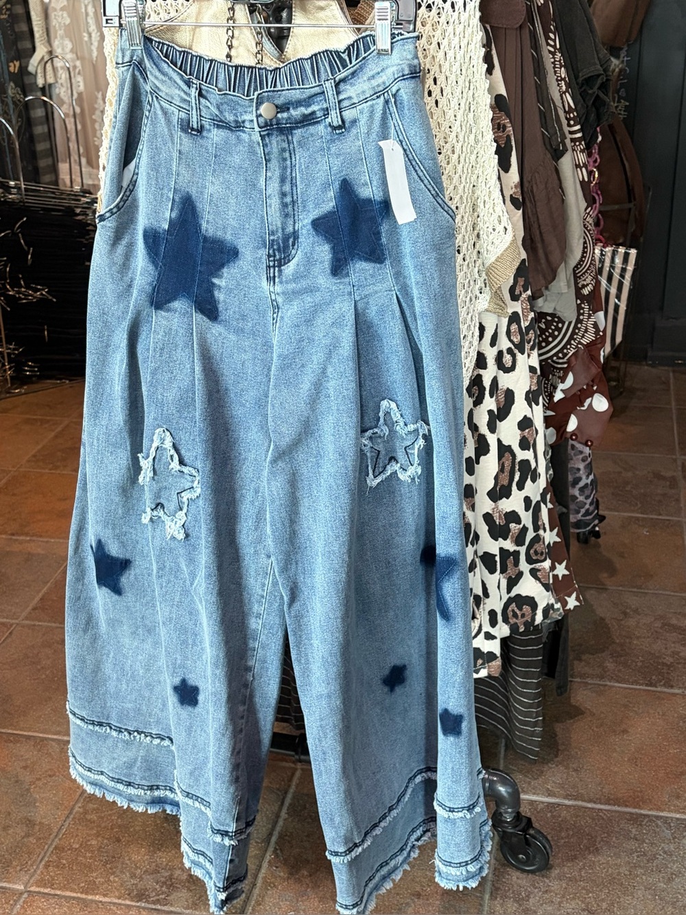 Blue Velvet Star Patch Wide Leg Stretchy Denim Pants
